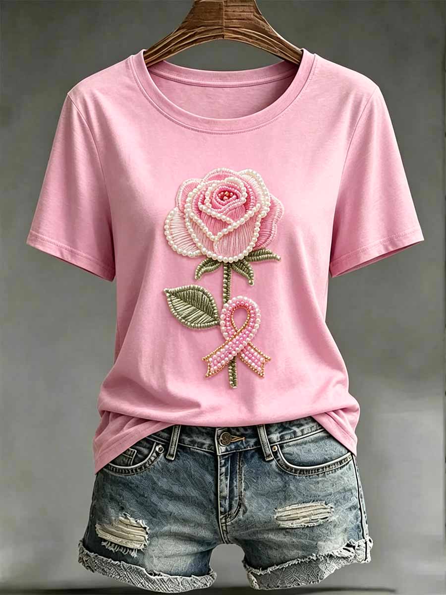 Women's Fashion Floral Breast Cancer Support Printed T-Shirt