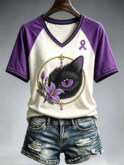 Women's Cat Pattern Alzheimer's Support Printed T-Shirt