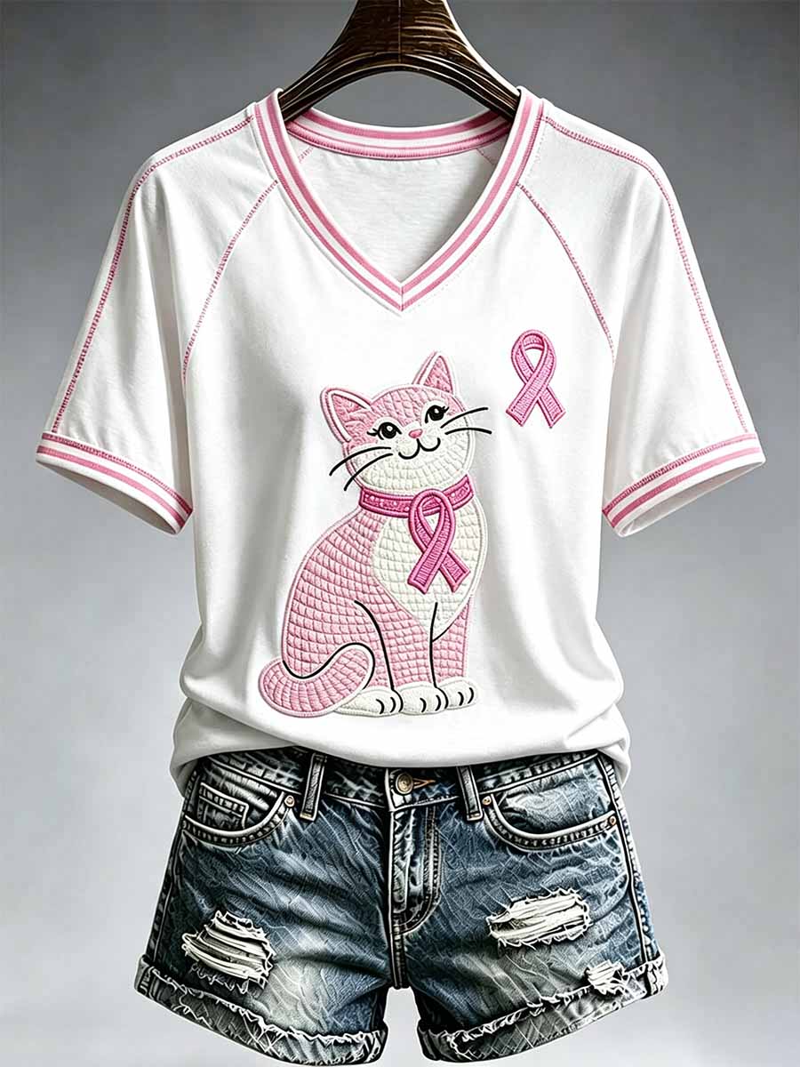 Women's Cat Pattern Breast Cancer Awareness Printed T-Shirt