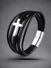 Men's Punk Style Christian Cross Leather Multi-Layer Hand-Woven Rope Bracelet