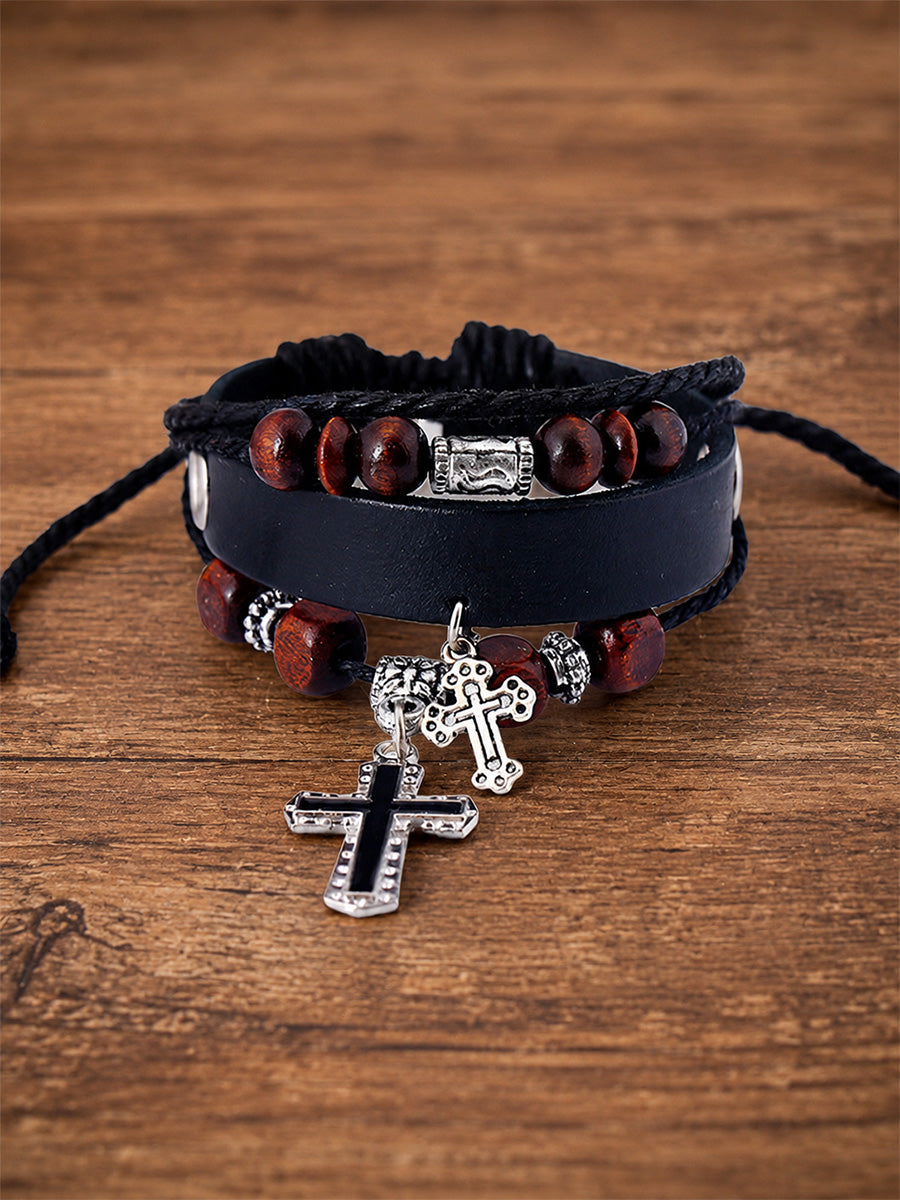 Unisex Beaded Cross Leather Bracelet