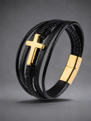 Men's Punk Style Christian Cross Leather Multi-Layer Hand-Woven Rope Bracelet
