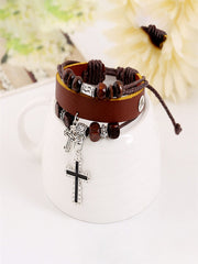 Unisex Beaded Cross Leather Bracelet