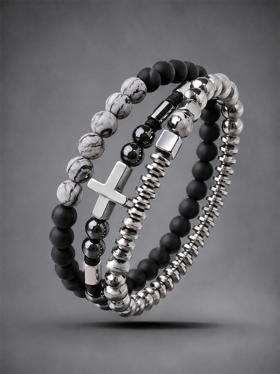 Unisex Christian Cross Black Gallstone Vintage Bracelet Map Stone Elastic Rope Bracelet