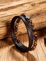 Unisex Natural Stone Obsidian Volcanic Rock Elements Simple Cross-Shaped Multi-Layered Bracelet