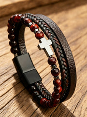 Unisex Natural Stone Obsidian Volcanic Rock Elements Simple Cross-Shaped Multi-Layered Bracelet