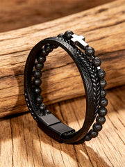 Unisex Natural Stone Obsidian Volcanic Rock Elements Simple Cross-Shaped Multi-Layered Bracelet