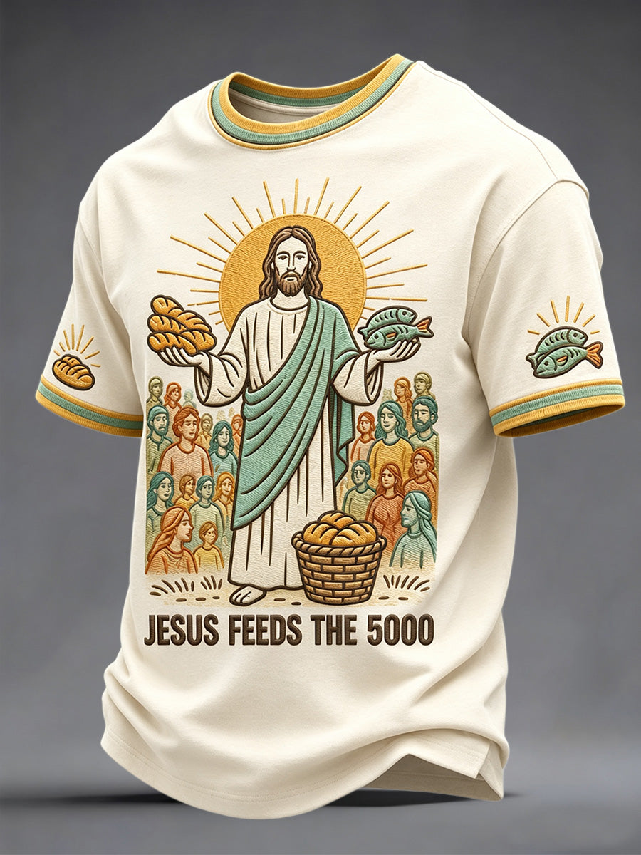 Men's Jesus 2 Fishes 5 Breads 5000 Chosen Against The Current Print Casual Tee