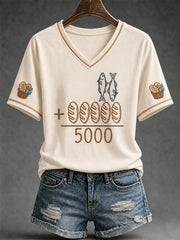 Women's Jesus 2 Fishes 5 Breads 5000 Chosen Against The Current Print Casual V-Neck Tee