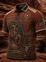 Men’s Retro Western Cowboy Day Print Casual Short-Sleeve Polo Shirt