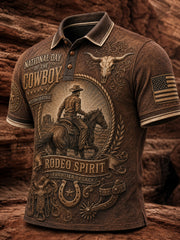 Men’s Retro Western Cowboy Day Print Casual Short-Sleeve Polo Shirt