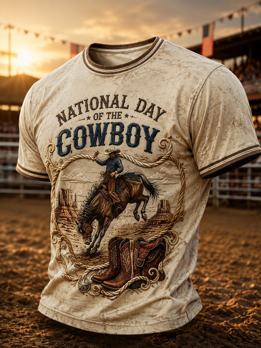 Men’s Retro Western Cowboy Day Print Casual Short-Sleeve T-Shirt.