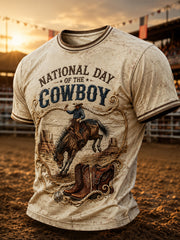 Men’s Retro Western Cowboy Day Print Casual Short-Sleeve T-Shirt.
