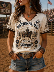 Women’s Retro Western Cowboy Day Print Casual Short-Sleeve T-Shirt