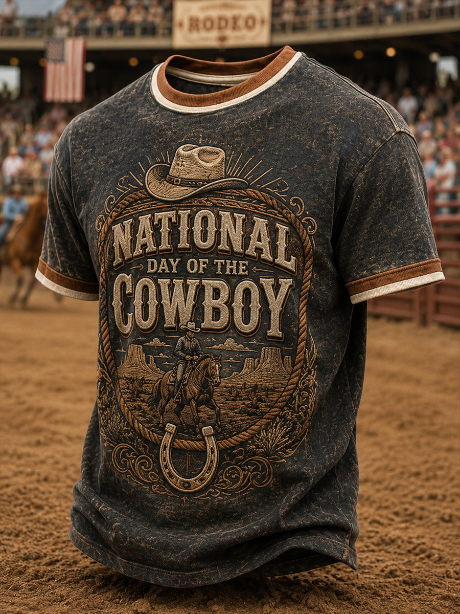 Men’s Retro Western Cowboy Day Print Casual Short-Sleeve T-Shirt.
