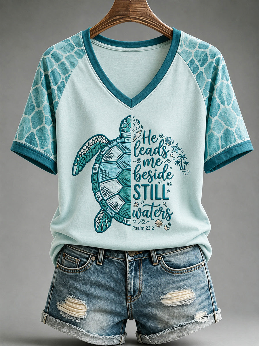 Women's He Leads Me Beside Still Waters Print Casual V-Neck Tee