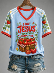 Women's I Love Jesus From My Head Tomatoes Print Casual V-Neck Tee