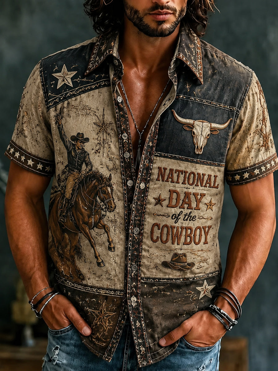 Men’s Retro National Western Jeans Day Printed Casual Shirt