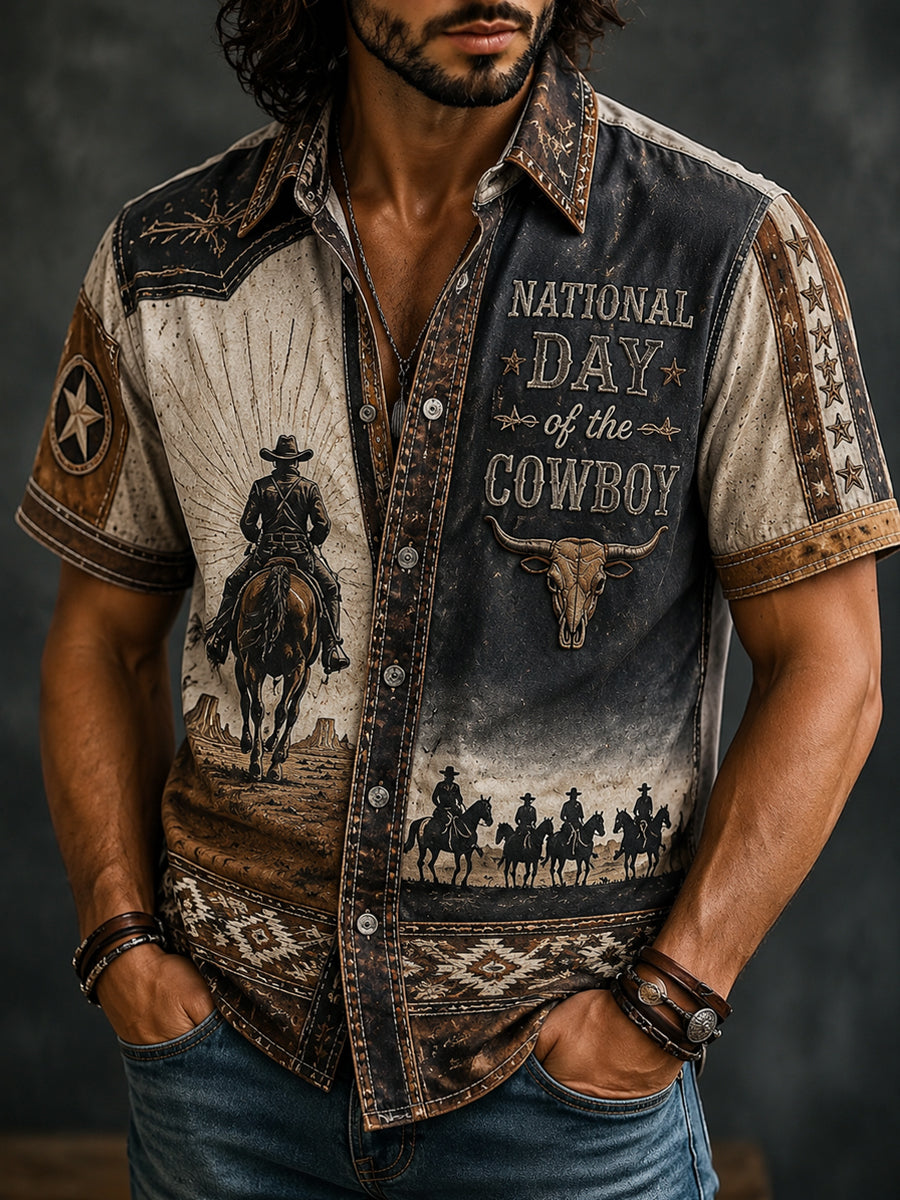 Men’s Retro National Western Jeans Day Printed Casual Shirt