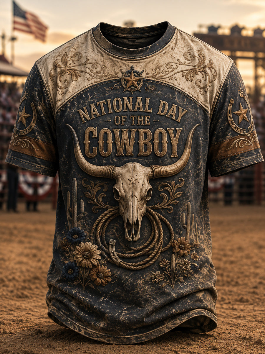 Men’s Retro National Cowboy Day Printed Casual T-Shirt