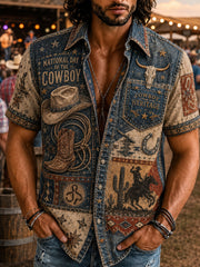 Men’s Vintage Western Cowboy Day Print Casual Short-Sleeve Shirt
