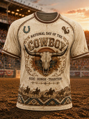 Men’s Retro Western Cowboy Day Print Casual Short-Sleeve T-Shirt