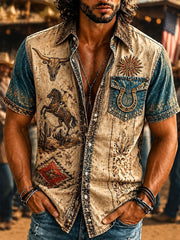 Men’s Vintage Western Cowboy Day Print Casual Short-Sleeve Shirt