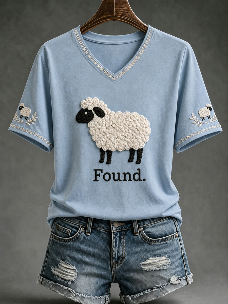 Women's Found Sheep Print Casual V-Neck Tee
