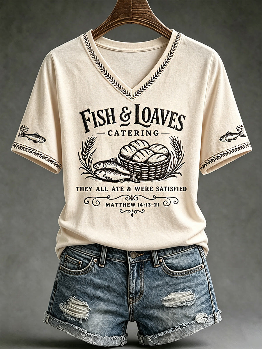 Women's Jesus 2 Fishes 5 Breads 5000 Chosen Against The Current Print Casual V-Neck Tee