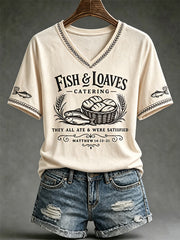 Women's Jesus 2 Fishes 5 Breads 5000 Chosen Against The Current Print Casual V-Neck Tee