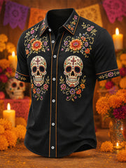 Camisa casual con estampado artístico del Día de los Muertos mexicano para hombre