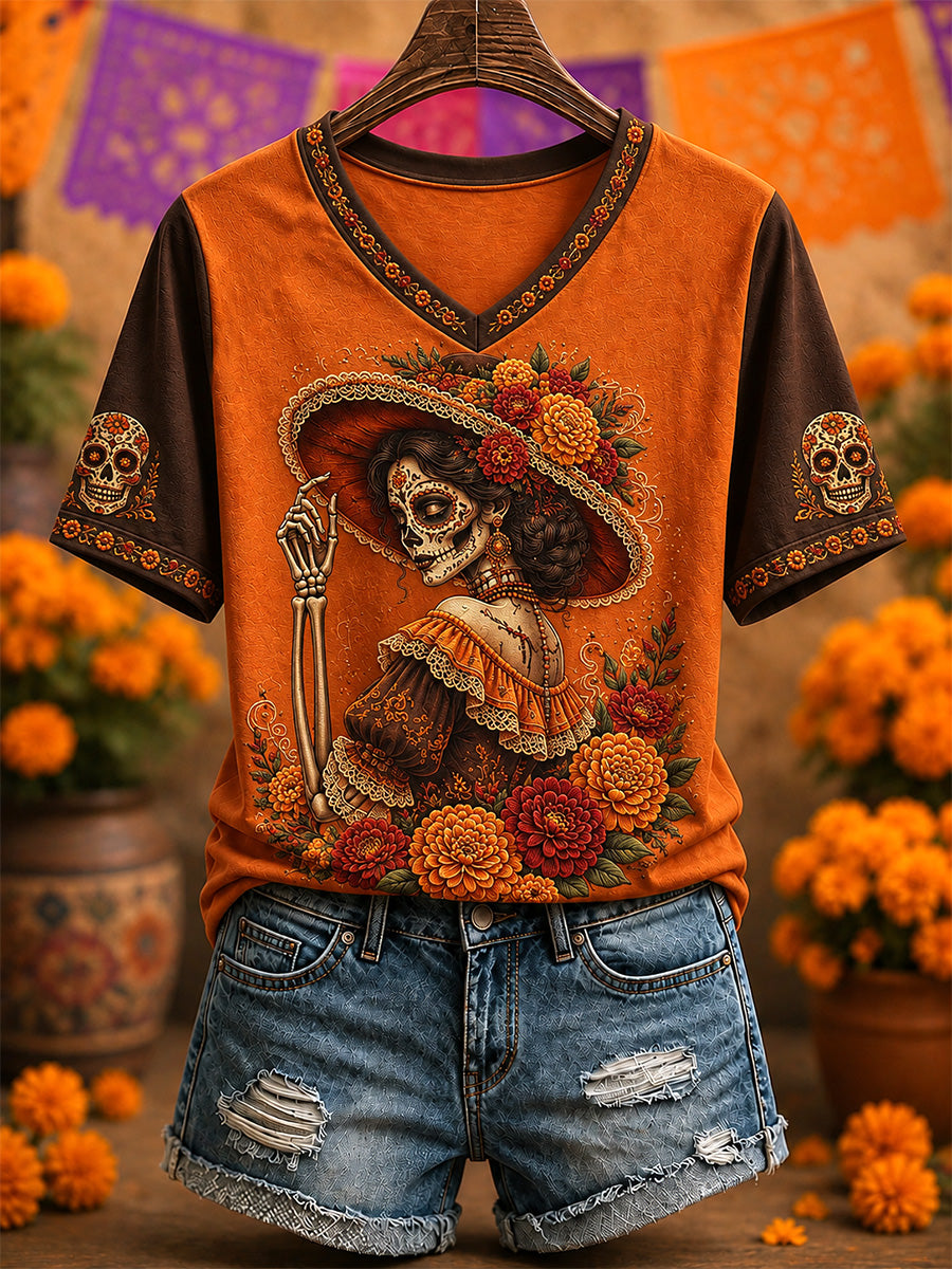 Camiseta casual con cuello en V y estampado artístico del Día de los Muertos de México para mujer