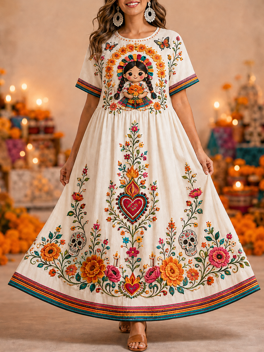 Vestido de algodón y lino del Día de Muertos para mujer