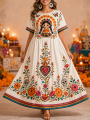 Vestido de algodón y lino del Día de Muertos para mujer