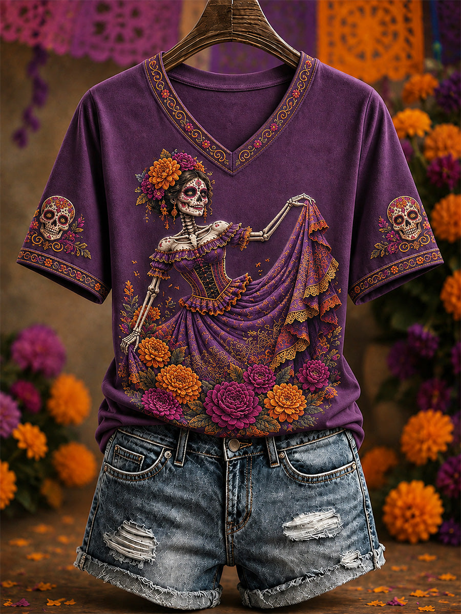 Camiseta casual con cuello en V y estampado artístico del Día de los Muertos de México para mujer