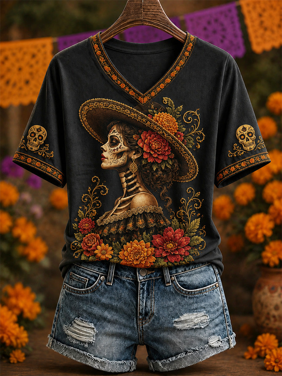 Camiseta casual con cuello en V y estampado artístico del Día de los Muertos de México para mujer
