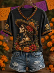 Camiseta casual con cuello en V y estampado artístico del Día de los Muertos de México para mujer