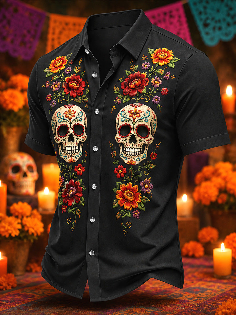 Camisa casual con estampado artístico del Día de los Muertos mexicano para hombre