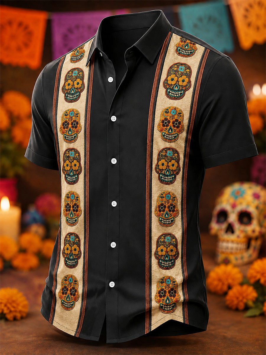 Camisa casual con estampado artístico del Día de los Muertos mexicano para hombre
