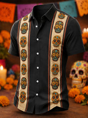 Camisa casual con estampado artístico del Día de los Muertos mexicano para hombre