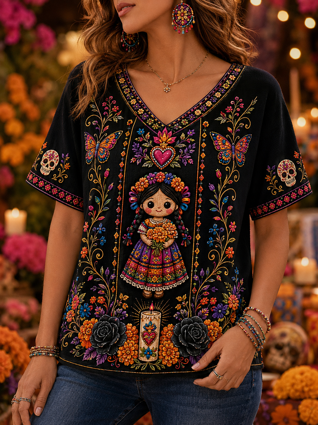Camiseta de lino de manga corta con diseño del Día de la Muerte para mujer