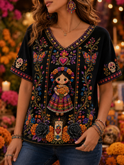 Camiseta de lino de manga corta con diseño del Día de la Muerte para mujer