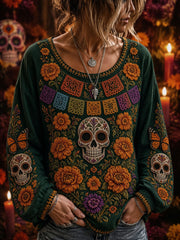 Camiseta informal de manga larga para mujer con estampado floral de esqueleto del Día de los Muertos
