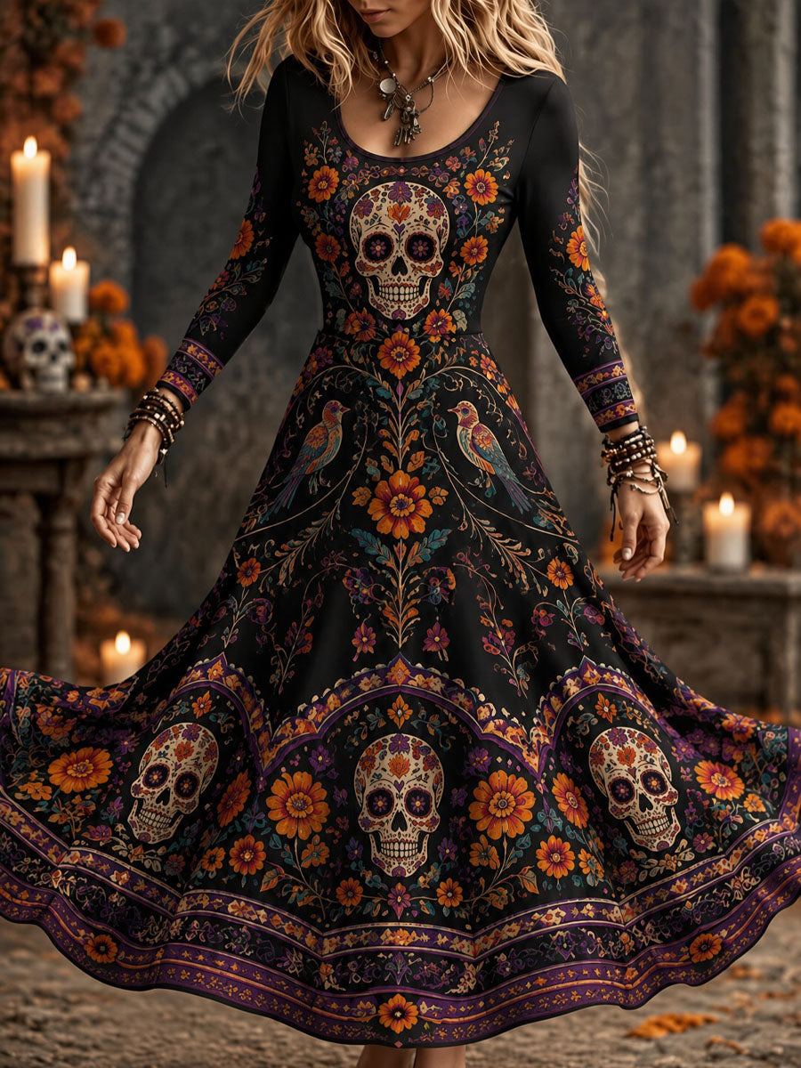 Femenino. Día del esqueleto muerto floral impreso vestido largo casual