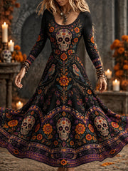 Femenino. Día del esqueleto muerto floral impreso vestido largo casual