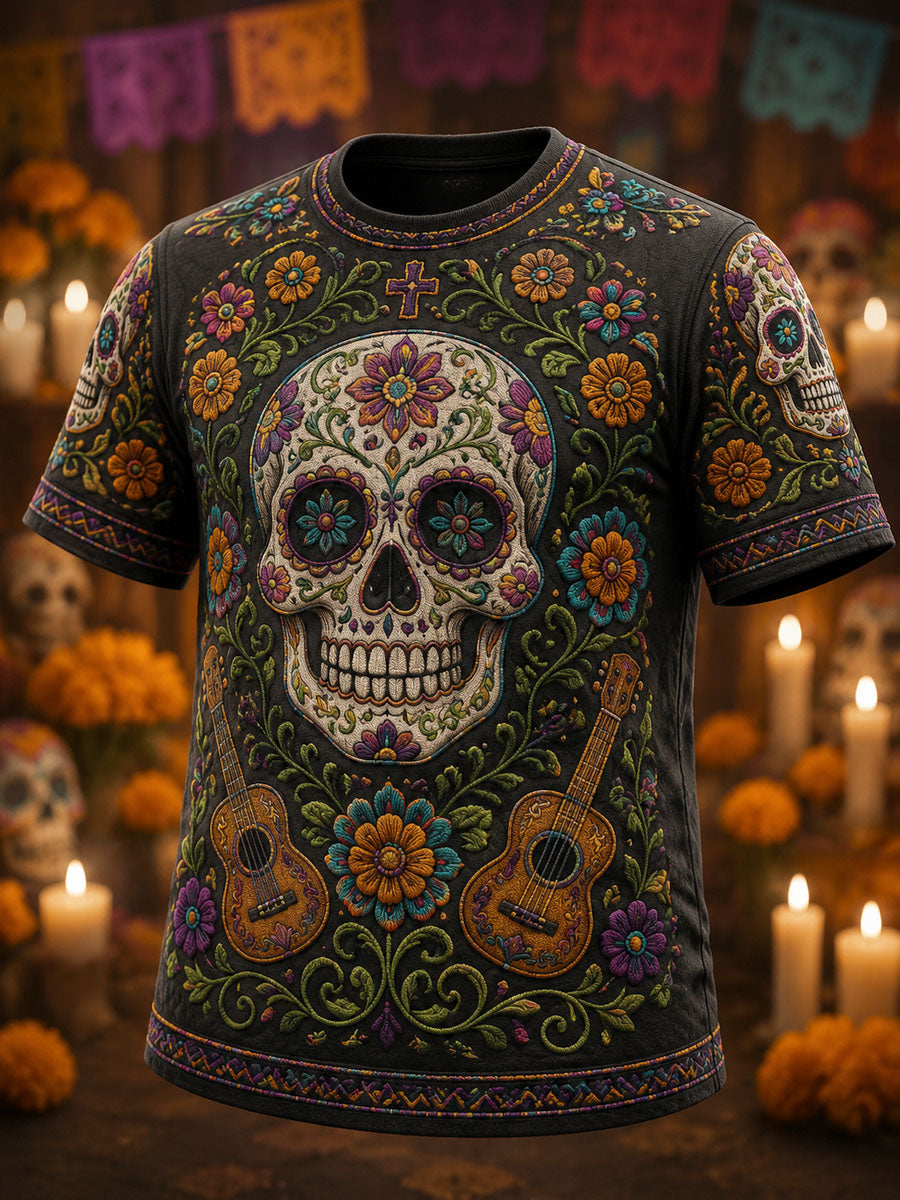 Camiseta casual con estampado floral de esqueleto del Día de los Muertos para hombre