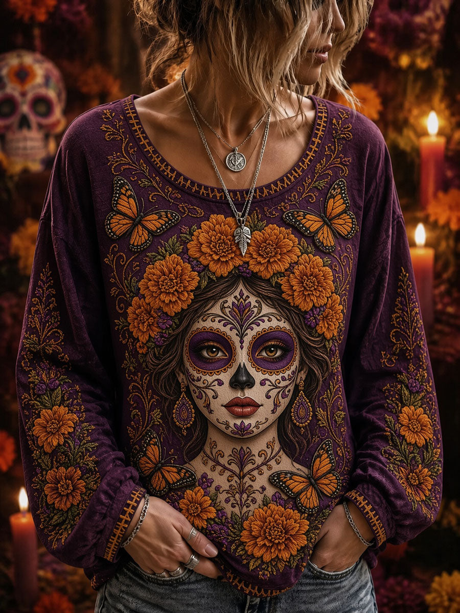 Camiseta informal de manga larga para mujer con estampado floral de esqueleto del Día de los Muertos