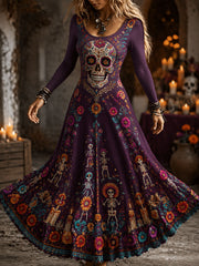 Día de las mujeres del esqueleto muerto floral impreso vestido largo casual