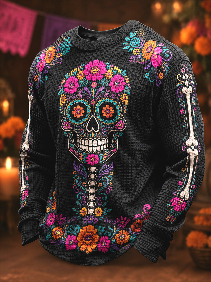 Camiseta casual de manga larga con estampado de calavera del Día de los Muertos para hombre
