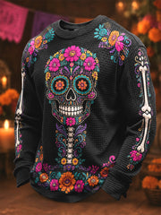 Camiseta casual de manga larga con estampado de calavera del Día de los Muertos para hombre